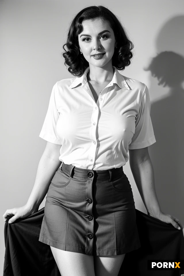1950s.40-year-old British MILF. black shorts curly hair.button-up shirt.very long old skirt .voluptuous and plump body.black and white image.