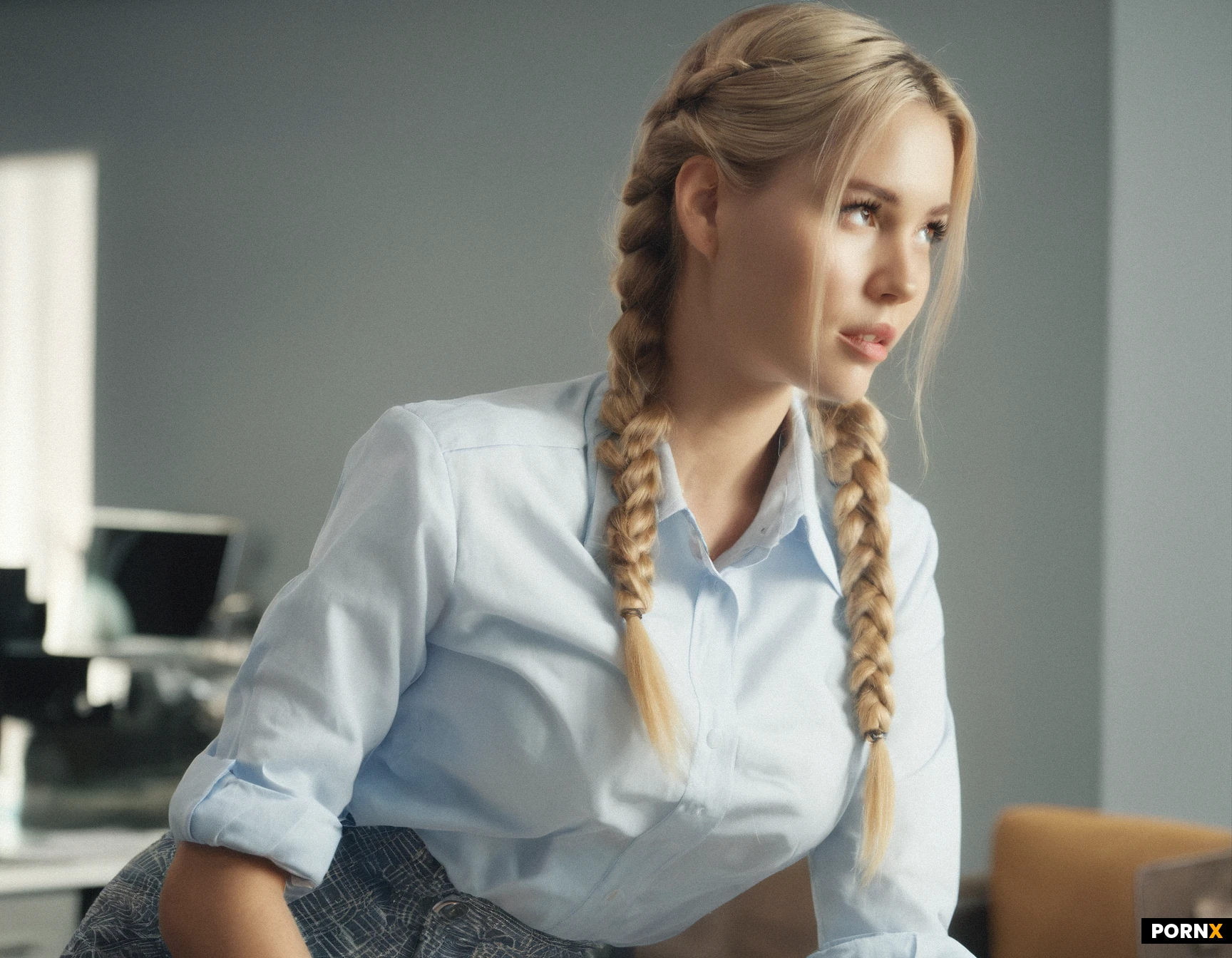 sexy swedish woman. 20yo. sexy office outfit. blonde hair. braided hair.
Dynamic angle,Cinematic light,Perfect photo,Perfect photo in 8K Resolution