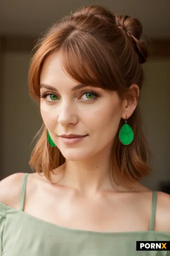 Headshot of a ginger milf wearing asfw green dress her hair is in a large bun