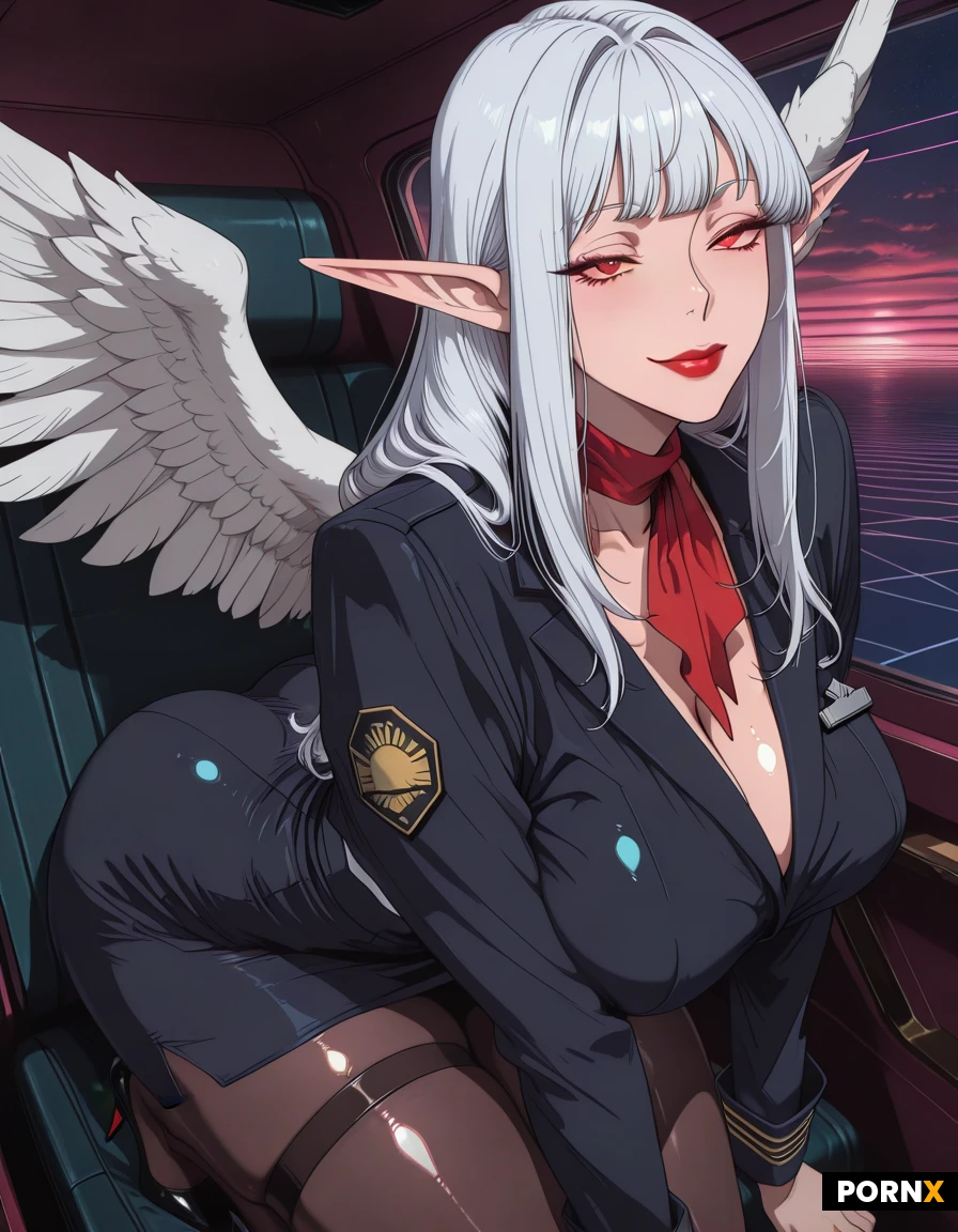 score_9, score_8_up, score_7_up, source_anime, (masterpiece, professional anime illustration, seinen anime style:1.2) (very )((quality)),ultra 8k, 1girl, (mature woman, late twenties, 28 years old:1.3), elf, milf, tall, mature proportions, defined jawline, mature chin, sharp cheekbones, defined cheekbones, elegant face, pointy ears, fair skin, shiny skin, bangs, white hair, bangs, long flowing hair with movement, glossy wet shiny skin, subtle skin reflections, small nose, lips, makeup, red lipstick, wide hips, busty, big ass, large ass, rounded ass, thick thighs, (red eyes, big eyes, defined eyes: 1.3). female flight attendant uniform, neck scarf, flight attendant shirt, flight attendant jacket, wings badge, pencil skirt, pantyhose, high heels. Sexy pose, horny face, thigh clothes. on a plane.