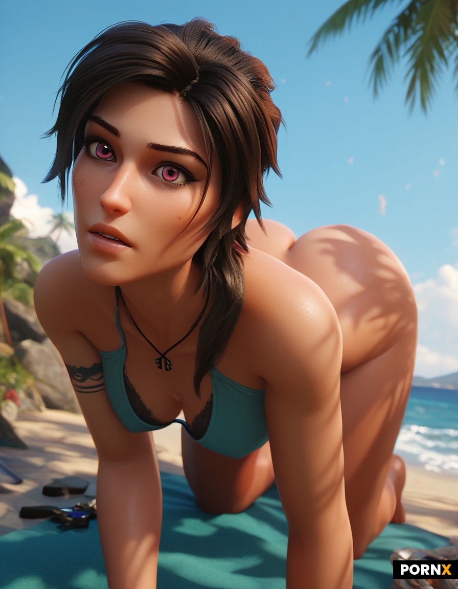Cute 21 years old Lara croft at the beach