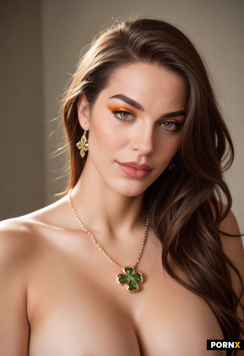 Glamorous 'sunset' makeup style. Eyes featuring vibrant, highly pigmented fiery red and deep orange eyeshadow seamlessly blended, paired with full, voluminous black lashes and perfectly defined dark eyebrows. Lips styled with a sharp, dark brown lip liner contour, filled with a contrasting nude shade and an ultra-glossy finish. Warm, sun-kissed base skin with a subtle, reflective highlighter on the bridge of the nose and cheekbones. Wearing a delicate gold nose ring and layered gold clover necklaces. Soft, warm studio lighting, dreamy and sultry atmosphere, 8k resolution, photorealistic.