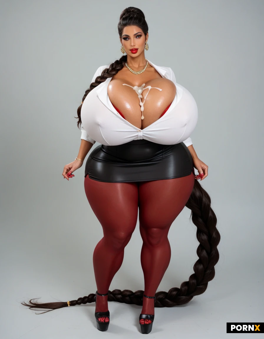 beautiful middle eastern woman, long dark braid, olive skin, large breasts, curvy body, extremely beautiful persian muslima girly, persian girly 18+, ultra detailed body, extremely exotic beautiful oriental face, pretty oriental face, ultra detailed exotic face, highly detailed eyes, gigantic filled plump glossy lips, very long luscious shiny jet-black hair, high pony tail, (extra long manicured red nails), after-party look, cum splatter on cleavage, cum puddles on the floor,
(She has impossibly gigantic, hyper-extreme, world-record sized breasts — absurdly massive, heavy, overflowing, completely dominating her entire torso and the frame, each breast far larger than her head),
breasts tight in white office shirt, form fitting clothes, super tight white office shirt, tight black pencil skirt, tight black transparent sheer stockings, luxurious furry pink fluffy high wedge slippers,
perfect body, snatched waist, hyper defined very thick thighs, perfect huge round enhanced buttocks, huge bulging enhanced butt,
(above view of cleavage:1.3), (breasts focus:1.3), (huge breasts:1.35), (huge hips:1.35), side view