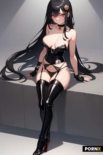 A porcelain-skinned 25yo woman with long flowing black hair adorned with a gold rose hairpin and del