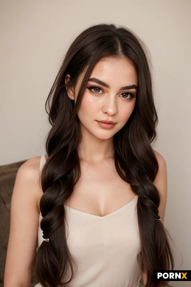 She is 20–25, slender and feminine, with pale fair skin, a cool-neutral undertone, oval-to-heart-shaped face, narrow soft jaw, pointed rounded chin and gentle cheekbones. She has large almond-shaped dark brown eyes, slightly deep-set, lifted outer corners and dark lashes; straight dark eyebrows with a soft arch; a small narrow straight nose with a fine bridge and rounded tip; naturally full lips with a defined cupid’s bow and slightly fuller lower lip. Her hair is very dark brown, almost black, long, straight and smooth, falling below the shoulders, with a center part, She is 20–25, soft and slender with a soft, graceful feminine appearance, delicate proportions and an approachable sweetness. She has very fair, smooth skin with a soft neutral-cool undertone, a gently rounded oval face, soft cheeks, a delicate tapered jaw and a small rounded chin. Her features are pretty and harmonious rather than sharp or angular. She has large, soft almond-shaped deep brown eyes with a warm, gentle gaze, naturally long dark lashes and softly curved dark eyebrows. Her nose is small, fine and straight with a delicate bridge and softly rounded tip. Her lips are naturally plump and rosy, with a gentle cupid's bow and a slightly fuller lower lip. Her expression is calm, sweet and feminine. Her hair is very dark brown, almost black, long, silky, straight and glossy, falling below her shoulders, with a soft center part, two small delicate braids near the temples and wispy strands framing her cheeks. Minimal natural makeup, softly defined eyes, subtle rosy lips and realistic youthful skin texture. Her body is slender, graceful and feminine, with delicate shoulders, full body
