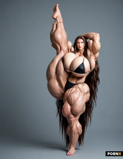 Full body profile image of a ultimative Super mega muscular female hyper muscle bodybuilder model