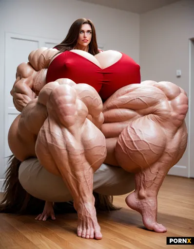 Full body profile image of a ultimative Super mega muscular female hyper muscle bodybuilder model