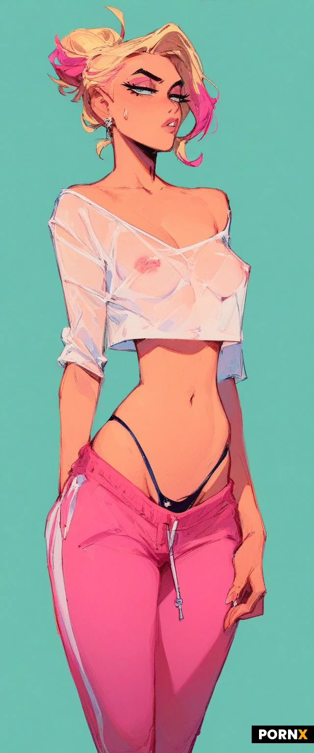 Sexy skinny gen z brat.low cut Sweatpants,thong over hips,blonde hair bun buns with pink highlights,skin tight crop top transparent top,perky perfect tits,half lidded eyes,preppy rich girl,classy
