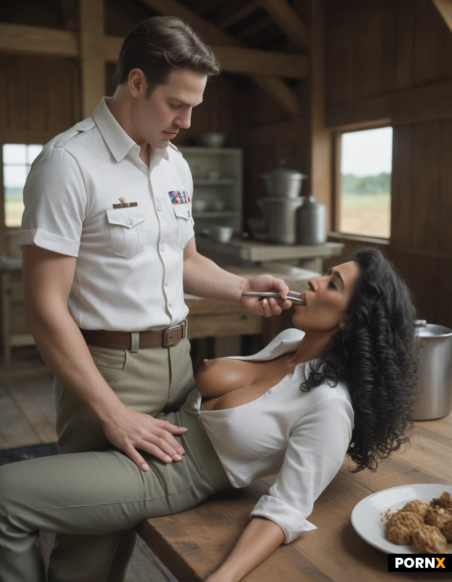 beautiful mature woman, dark hair in space buns, tanned olive skin, large natural breasts, blowjob from the side, lying next to man, sucking penis, (scene: america year 1877, on a farm), 1male and 1 female, (male,soldier,grey uniform,standing, trousers on his knees,serius face, one hand on tits),(female 18 years old, hairy pussy,black skin, pretty,curly black hair, big natural tits, laying on the back on table in kitchen, skirt hook up, white shirt torn, one breast out), (male is fucking hard on the table),deep penetration