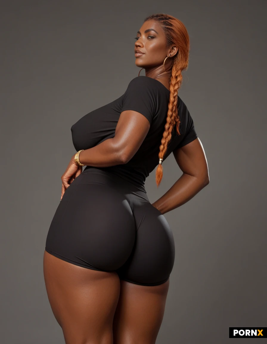 Black woman, 30s, tall, curvy(1.2), ginger hair, braids,big boobs, big ass, ass bigger than head, boobs bigger than head, big T-shirt, african woman, front view