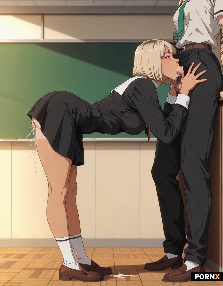 (blonde bobcut hair, ((adult)), (25 y. o.), british teacher), symmetrical bright-red eyes, incredibly thick cock, erect cock, (relaxing deep deepthroat blowbang:1.2), straight legs, microchested, minislimwaist, beautiful face, slim body, tan line, skin texture, pretty face, happy, horny, intimate light, wearing nun clothes, (standing, bent forward), (correct anatomy), full body view, side view, Cum gushing out of her pussy, realistic detailed, correct anatomy, facialized, realistic arms, day light, middle of college class, (college class background:1.8),