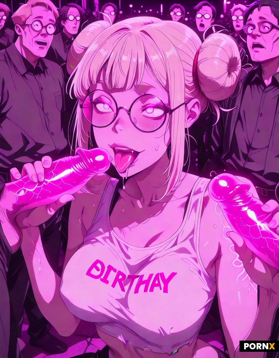 Blonde hair in buns, 18, ripped crop top, short_skinny_fit_build, full breasts, big round nerd glasses, wide eyes, ditzy expression, tongue out drooling, giving handjob to skinny_fit man at her side, public gangbang, drawn hentai style