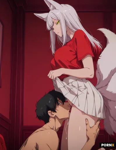 Yellow eyes kitsune fox girl 9 tails from short white skirt