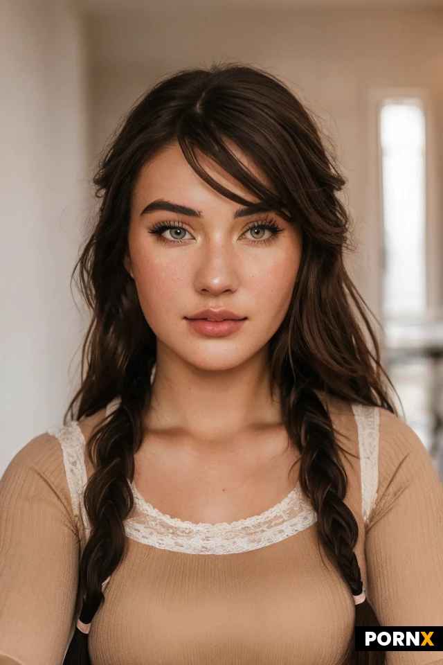 An athletic 20-year-old woman with subtle, natural beauty, visible skin pores, and a gentle flush on her cheeks. Thick, messy red braid. She has a large bust. She is wearing a pencil skirt, a crop top, beige tights, and black high heels. Ultra-high resolution, 8K detail.