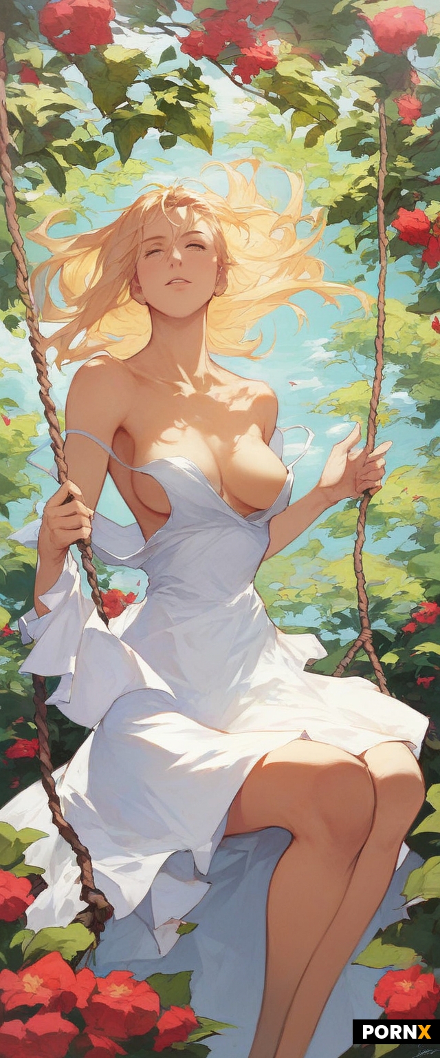Fate stay night anime style woman sitting on swing in a garden