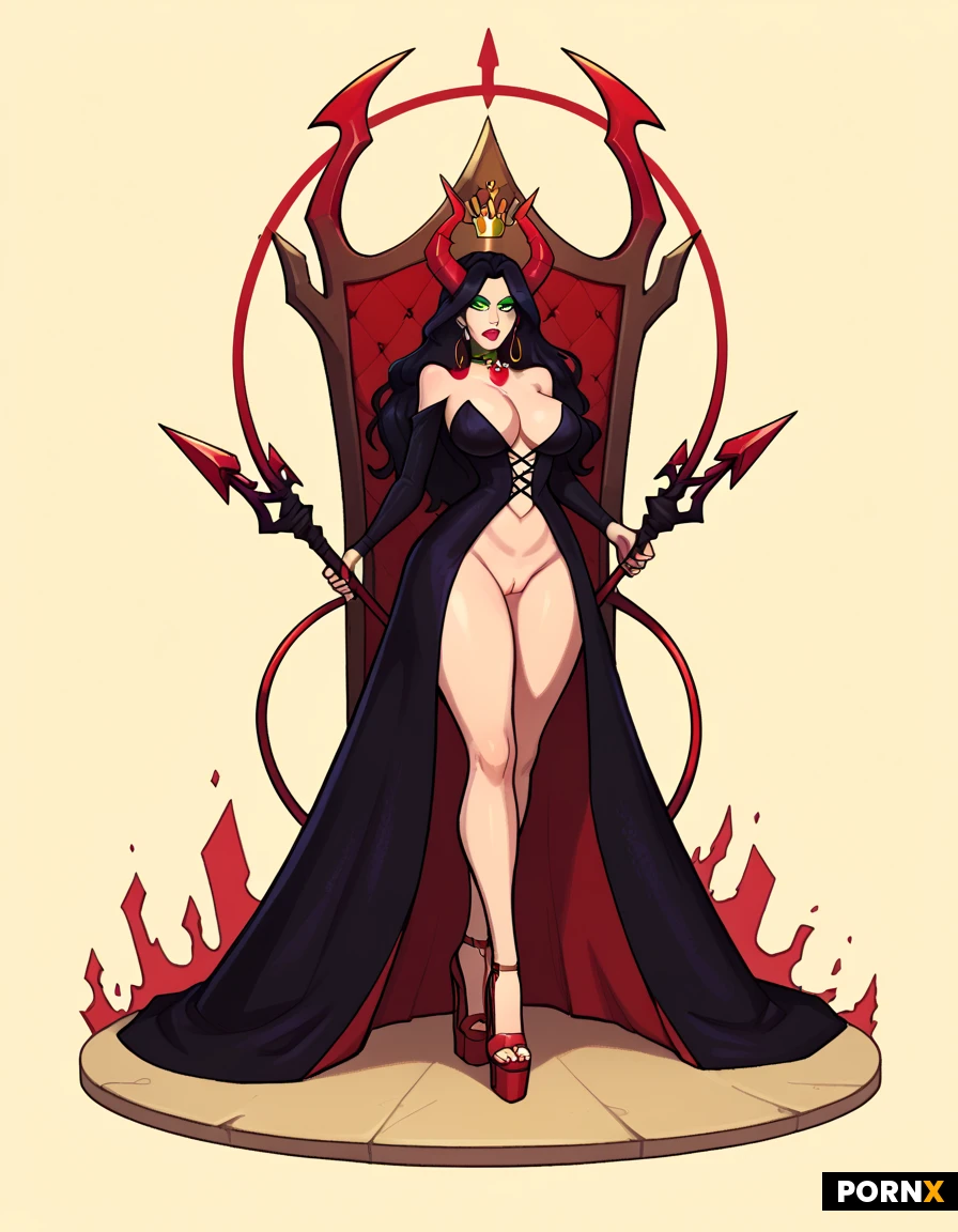 A demon or devil queen seated on a carved stone throne. She has small red horns, long black hair, bright green eyes and a red arrow-tipped tail curling up. Wearing a long black gown with red cord lacing crossed over the bodice, legs open, exposed pussy, red strappy platform heels, and a choker with a red gem shaped like a slit eye. Her right hand holds a tall silver trident. The background is a dark maroon-to-purple. Clean-lined comic book illustration with flat cel shading