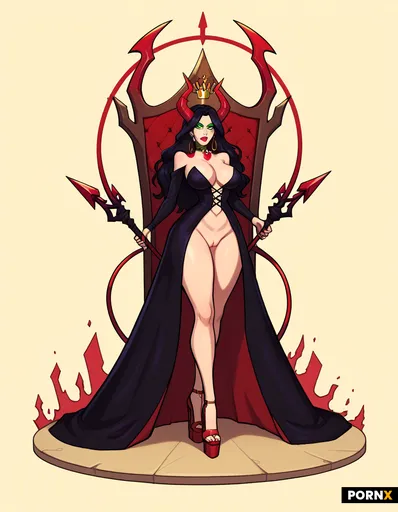 A demon or devil queen seated on a carved stone throne