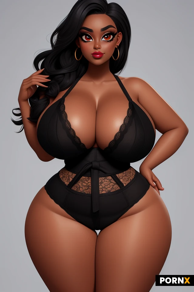 black woman, very dark skin, lots of makeup, thick black eyeliner, thick lips, plump lips, earrings, (thick thighs:1.2), (curvy:1.5), (thick:1.25), (voluptuous:1.25), (huge boobs:1.3), tight, busty, firm, perky, (wide hips:1.5), (narrow waist:1.35), lipstick, large eyes, lace, smirk, portrait