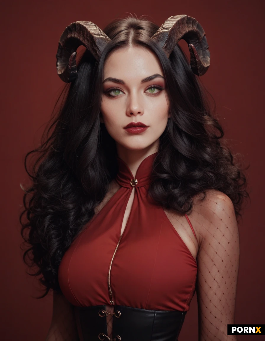 Demoness, Slim body, Narrow waist, Twisted horns, Dark green eyes, Smokey eyes, Brown eyeshadow, Long eyelashes, Black hair, Fluffy hair, Bangs, Clothes mixed color of black, red and white