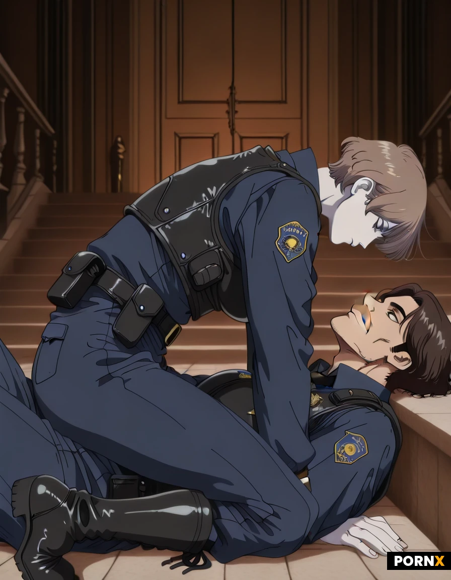 A Caucasion man with brown hair, mustache, pale skin wearing French police uniform with protective vest, utility belt and black leather patrol boots, man laying flat on his back on the front steps of the Basilique du Sacré-Cœur de Montmartre, side view, extremely well detailed image