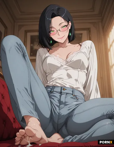 A woman in glasses sits barefoot on a plush velvet rug wearing a white blouse and jeans