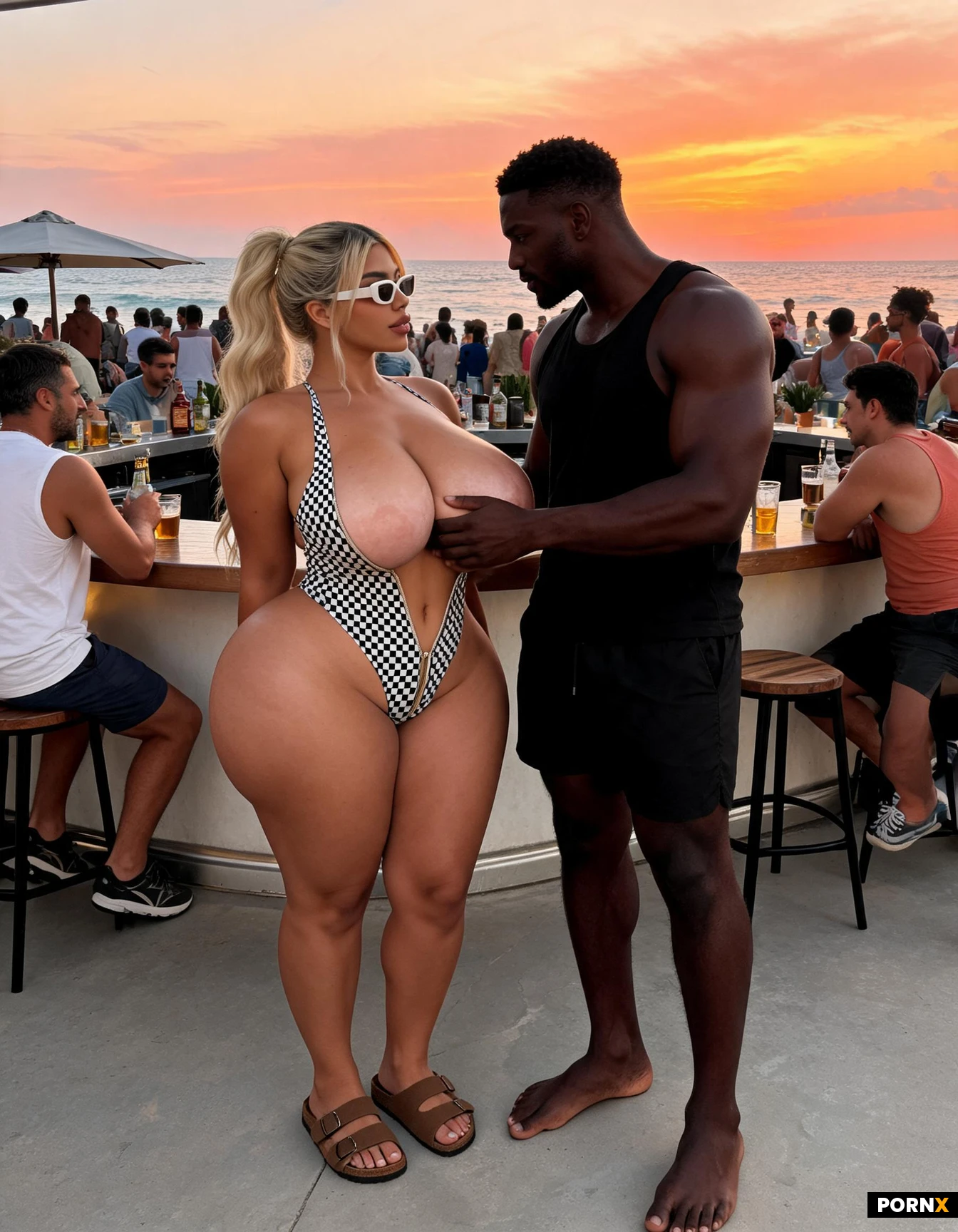 Crowded coastal bar. Sunset. White sunglasses. one-piece unzipped checkered swimsuit. Birkenstocks. Absurdly large boobs. Big ass. Charting flirtatiously to extremely tall muscular black man in black board shorts and a black singlet who is squeezing her boob