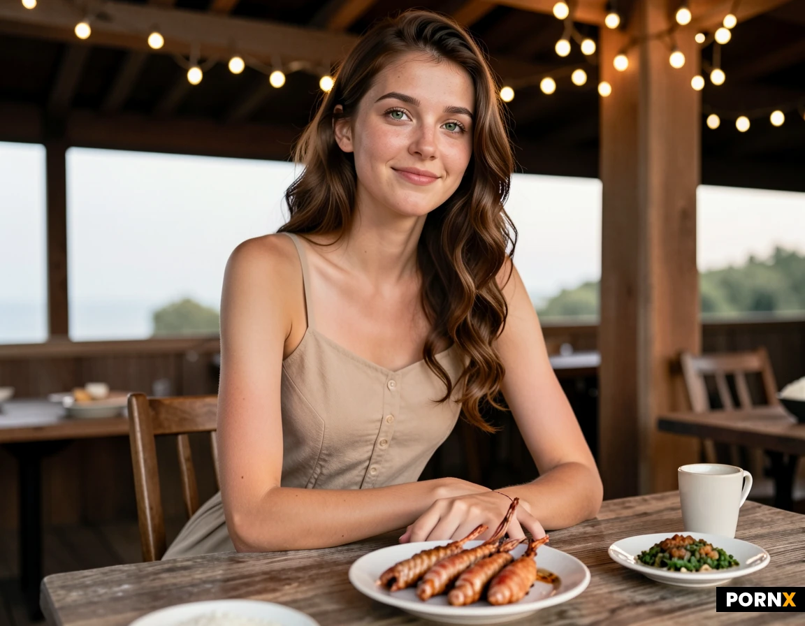 woman with long chestnut brown wavy hair and vivid green eyes sits at a wooden table in a quiet beachside café at dusk. She wears a simple white knee-length dress, her feet bare. Her fair skin is warmed by the golden string lights overhead. In front of her, a plate of steamed rice and grilled shrimp waits untouched. She looks at the viewer with a gentle, expectant smile — as if waiting for someone dear. The dark ocean stretches behind her, the sky deep indigo and fading orange at the horizon. The mood is intimate, peaceful, full of quiet anticipation
