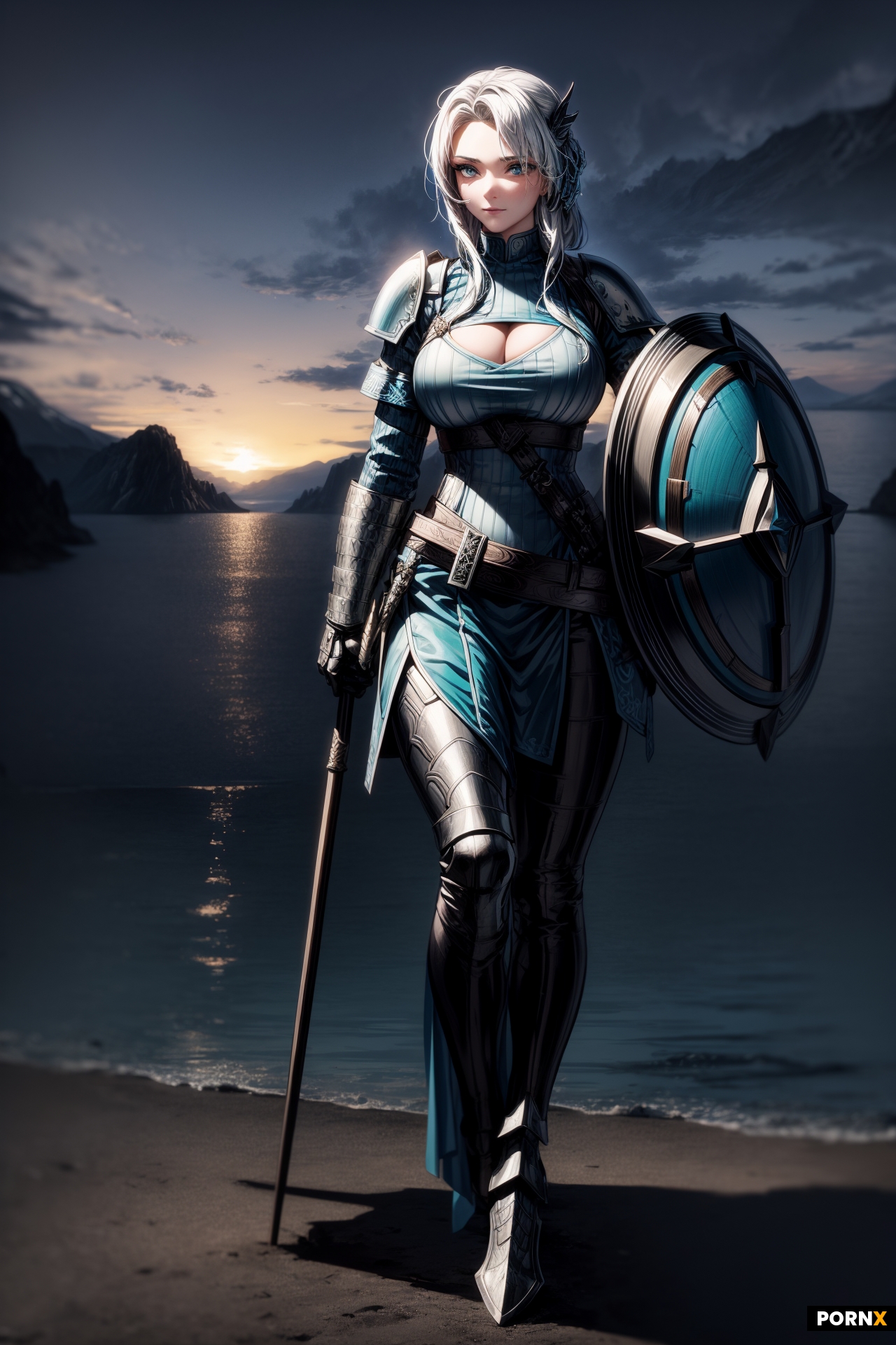 Norse shield maiden with a beautiful fjord in the background