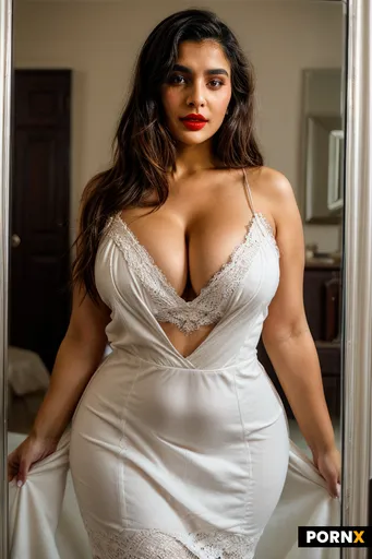 A stunning 40-year-old woman of mixed Indian-Italian-Arab heritage stands before a floor-to-ceiling 