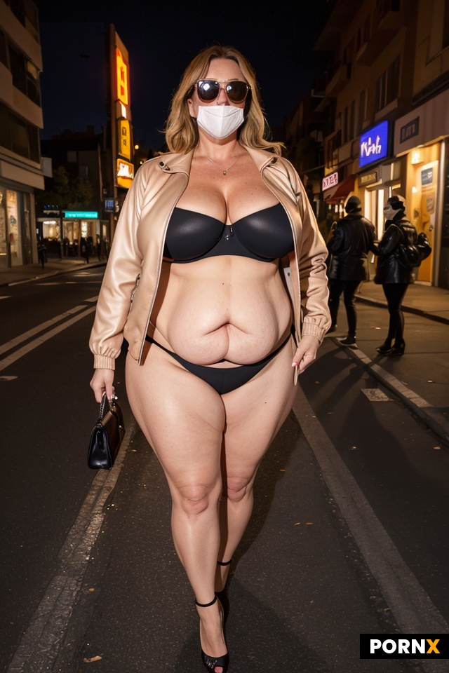 50 year old milf opening jacket flashing on a street at night