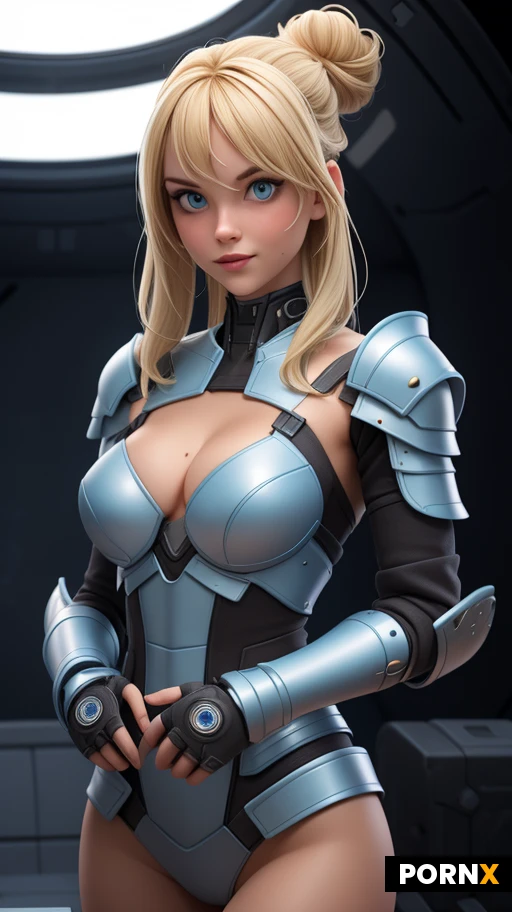 Scandinavian, slutty girlfriend,cute model,cute babe face,very messy hair bun, perfect round Breasts,firm perky breasts,blonde hair,cleavage,looking at you,tanned skin,model, looking at you, topless, (naked), (nude breasts), perfect pussy, 3/4 portrait View, small nipples, (cyberpunk light blue armor), spaceship, (sci-fi Armor), modern armor, 30 years,