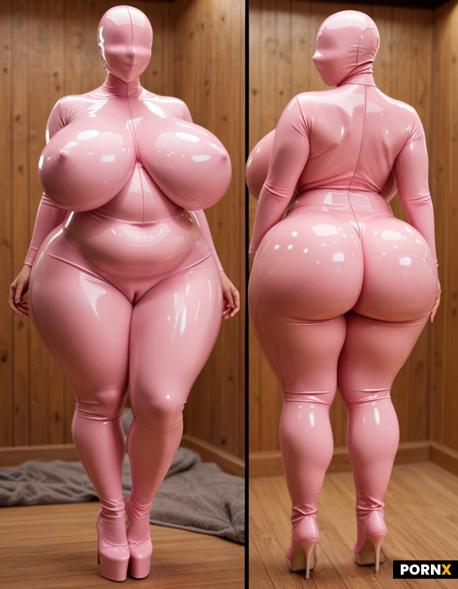 A voluptuous mature Japanese woman, hyper fat, supermassive obesity, pale pink latex full-head mask, (hyper obesity: 1.2), ( pale pink full-head latex mask: 1.2), (covered head, covered hair, covered eyes, covered nose: 1.3), (covered eyes: 1.3), see-through pale pink latex bodysuit. She straddles a mature man seated on a chair, taking his cock deep inside her pussy as semen leaks out. thick red lips, round puffy face, double chin, pale skin, (light pink latex full bodysuit: 1.2), body curves, clothed natural huge breasts, clothed supermassive thick wide hips. Their bodies are very sloppy and sticky with semen, slime, and bodily fluids as they embrace tightly, in sauna room, very leud atmosphere, multiple views, (multiple views:1.3), multiple angles