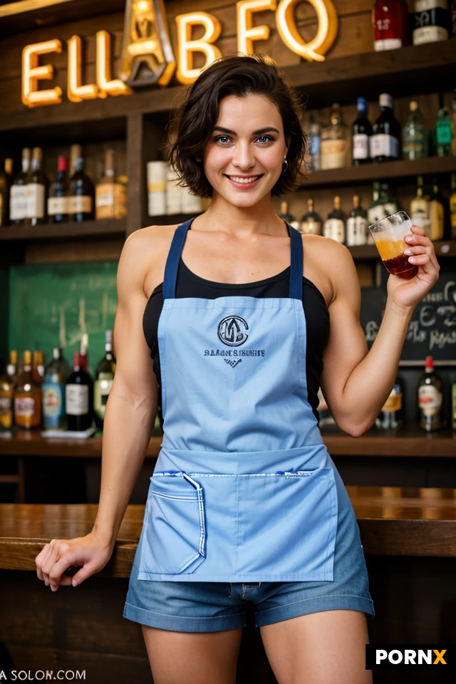 masterpiece, best quality, highres, absurdres, 1boy, solo, bartender, large_penis, erect, looking_at_viewer, standing, muscular, short_hair, blue_eyes, black_tank_top, jean_shorts, apron, no_pants, penis_visible, smiling, bar, neon_lights, soft_focus, close_up