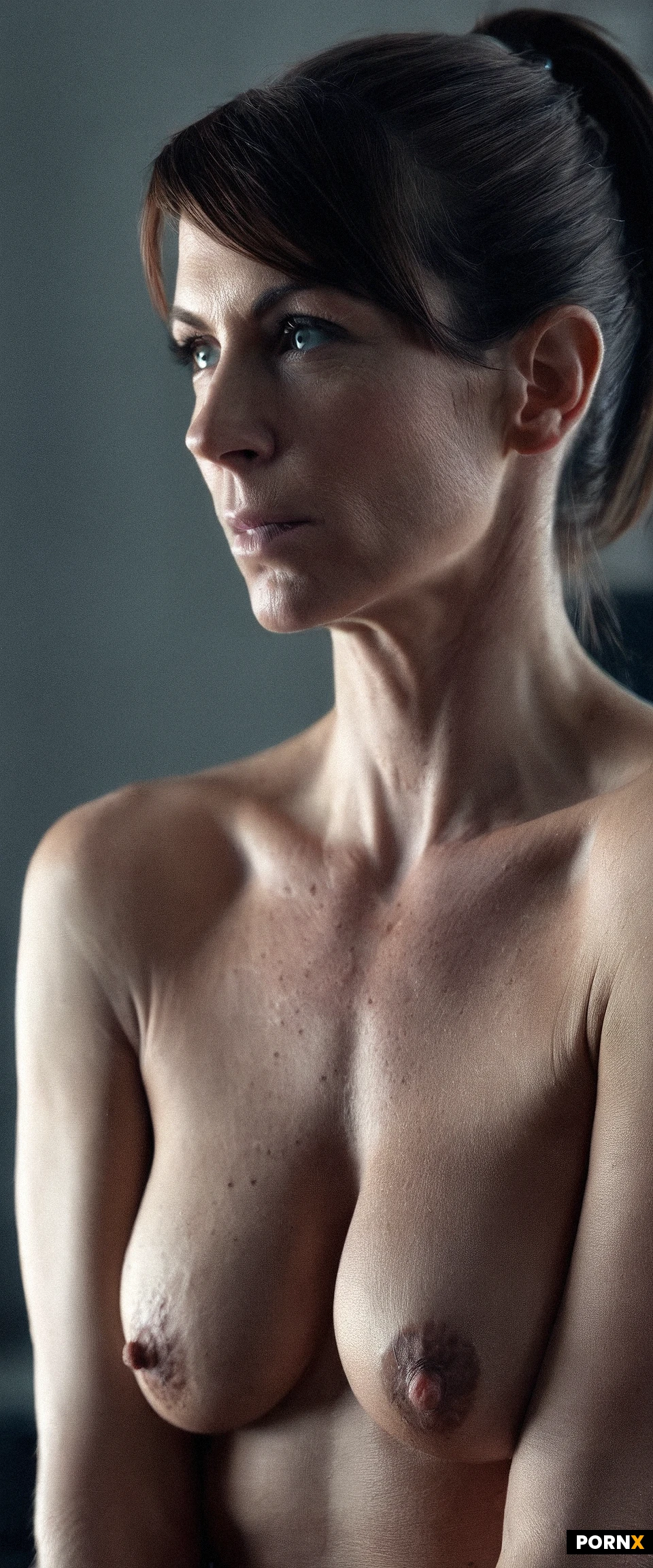 (Her nipples and areolas are dark brown and textured with bumps))
Style & Quality:
HD, Photorealistic image, Clear image, Sharp focus on her nipples, Depth of field, Film Grain. view from the Front.
Subject:
Appears to be 45 years old. MILF. Long Detailed Nipples. Accurate mother's body
Appearance: Brunette ponytail, nice Smile, Perfect teeth, Beautiful face, Beautiful eyes, Eye contact, smile, Tanned
Body Type: (Average body weight), (medium breasts), (erect detailed nipples). ((Her nipples and areolas are dark brown and textured with bumps))
Attire:
(Topless with dark nipples), thigh-high stockings with garter. Wearing red and green Christmas lingerie
In a cozy room decorated for Christmas