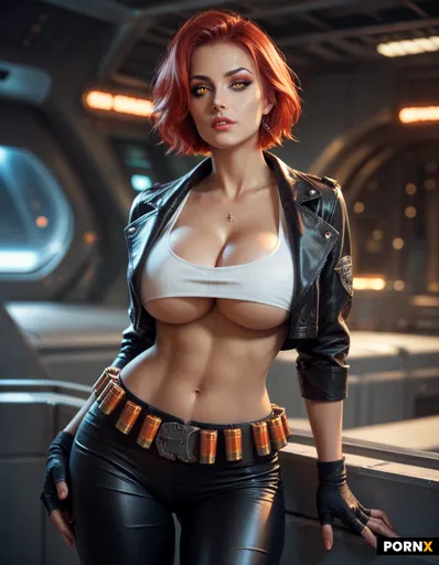 Beautiful Woman Gunslinger Red Hair Short Hair Orange Eyes Makeup Big Breasts