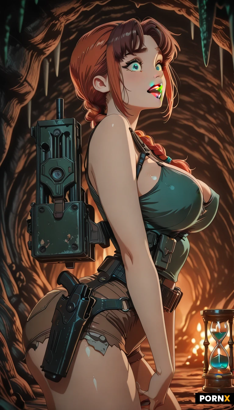 (Raider:1.3),(adventurer:1.2), (archealogist:1.2), (square enix), cosplay of relic Hunter, Brown Teal tank top, down blouse,partially exposed tits, brown shorts, tactical belt, holster rig, Brunette braided ponytail. Jungle Cave with Torches,, hourglass figure and with perfect large natural breasts,damaged outfit, tits exposed, dynamic side angle, dynamic view, perfect and detailed face,ultra detailed face,passionate,lustful, sexy hourglass body type,detailed,detailed eyes,very sexy,attractive timid,sexy looking,sharp details,hdr,, looking at viewer, big ass, big tits, rounded ass, slim waist, wide hips ,excited expression, big shocked eyes,view from side and above,looking,sharp details,hdr,open mouth and widen eyes,shocked, looking at viewer, fingering shaved pussy view, bending over, dynamic front view standing