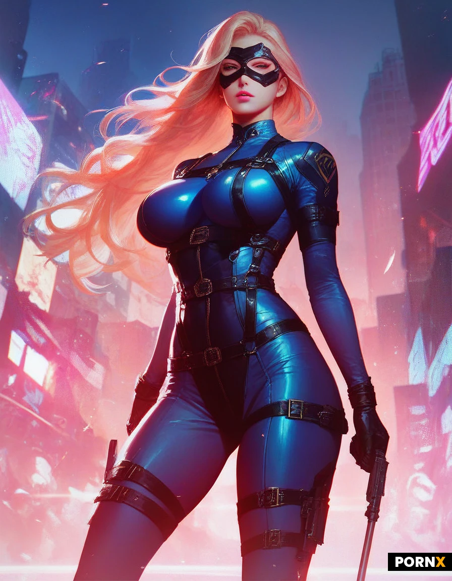 high definition, cinematic light, japanese sentai heroine, curved body, big breast, long hair, pink lip, tight bodysuit, eye mask, straps, belts, laser weapon, background, city, detail face, detail eyes,