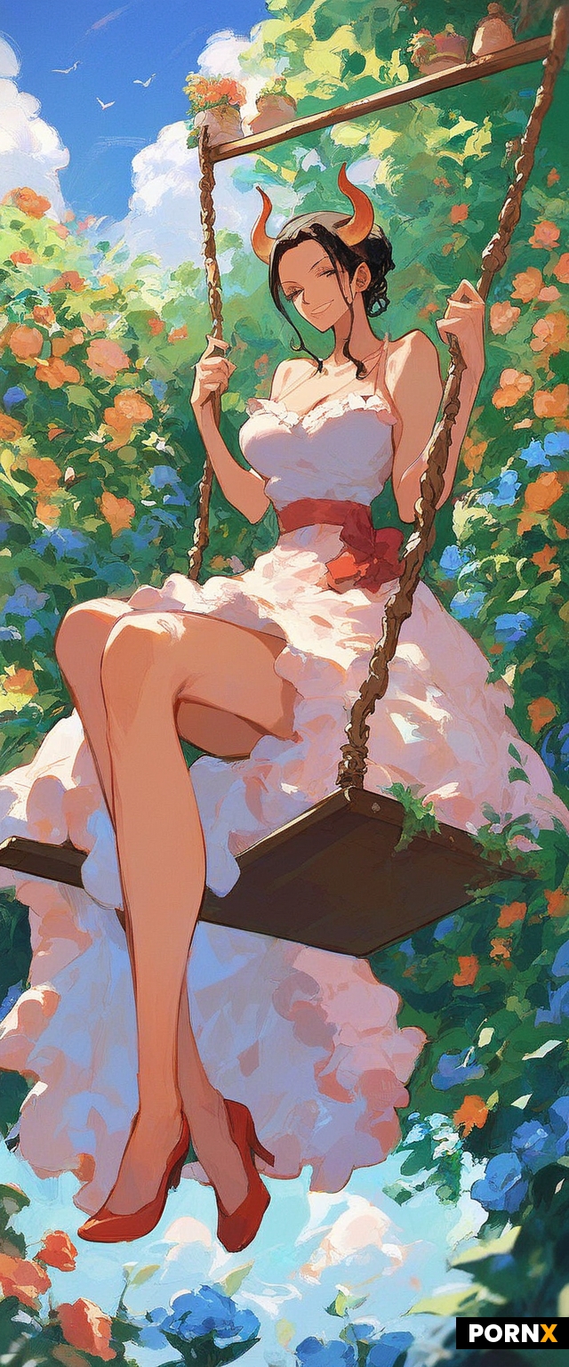 One piece anime style woman sitting on swing in a garden