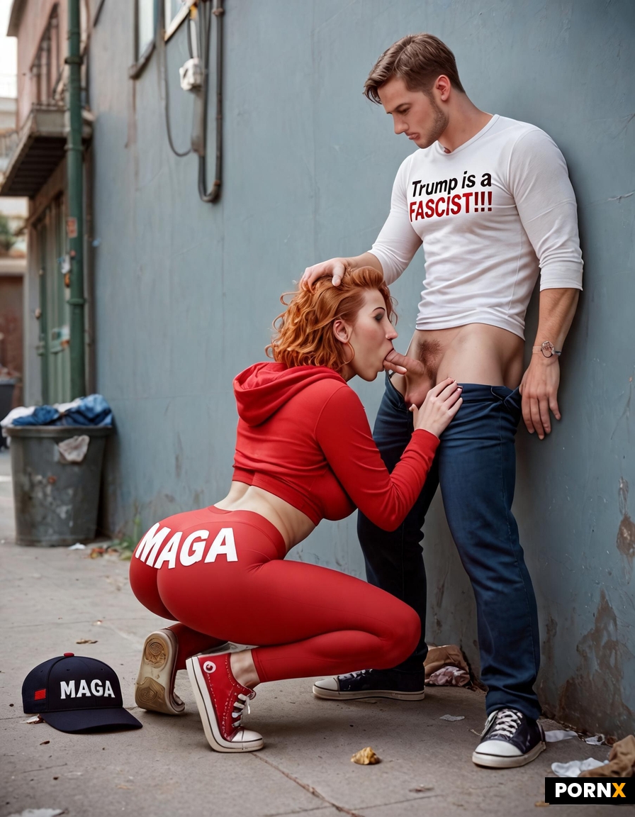 She is also wearing light red leggings that says "MAGA" on the ass;there is a baseball cap on the gr