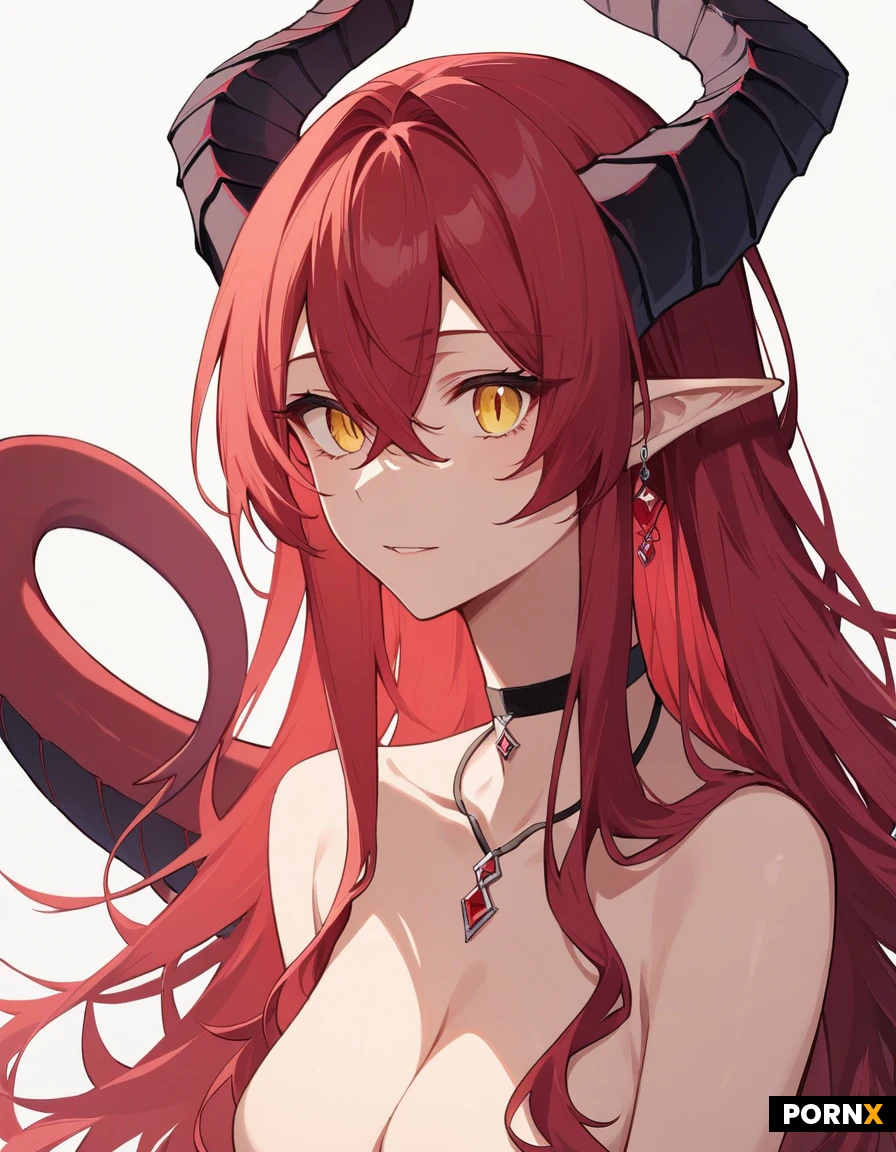 ,anime style,anime face, cute, sexy, cute face:1.5,( Add details: 1,5), dragonkin ,Long hair, straight hair,crimson red hair, black tips hair, golden yellow eyes, big eyes, vertical pupils ,warm skin, perfect body, lightly tanned,Two curved black horns, Slightly pointed ears, long Dragon tail ,tall body, athletic and curvy, Black choker with a small dragon-shaped pendant