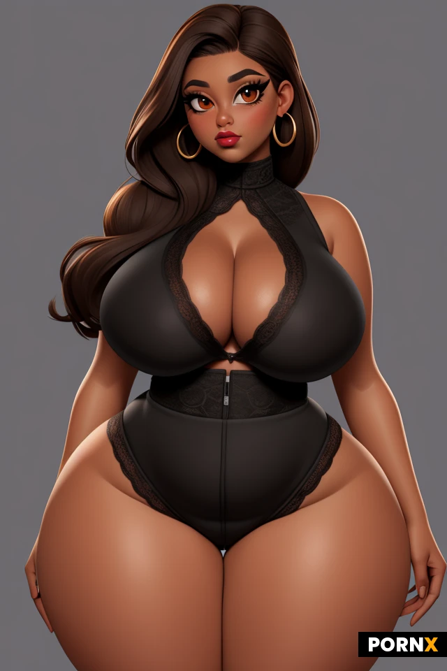 woman, dark skin, light brownish hair, lots of makeup, thick black eyeliner, thick lips, plump lips, earrings, (thick thighs:1.2), (curvy:1.5), (thick:1.25), (voluptuous:1.25), (huge boobs:1.35), tight, busty, firm, perky, (wide hips:1.5), (narrow waist:1.35), lipstick, large eyes, lace, pout, portrait