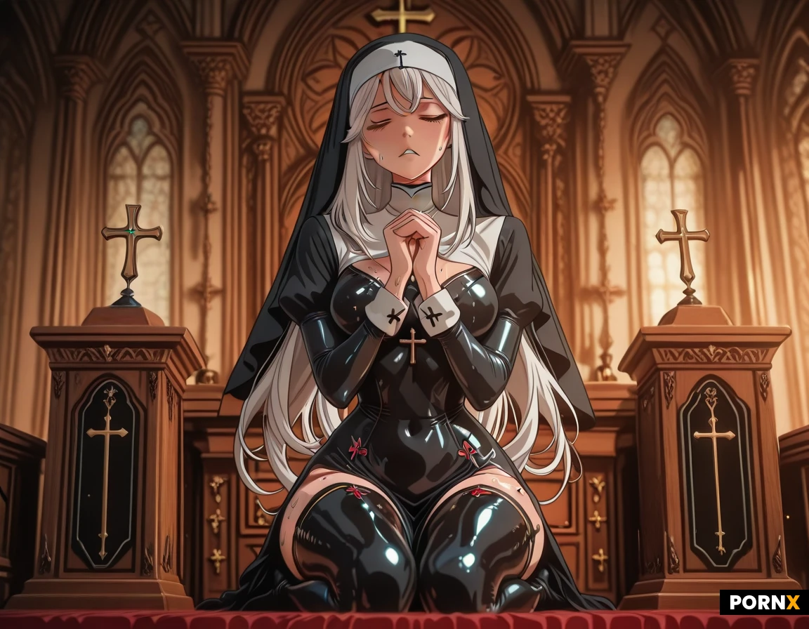 white long hair. Nun with sweaty outfit. Skin tight. Front of altar. She is having orgasm while she holds tiny golden cross on her hands. kneeled legs open at altar. Full body view.