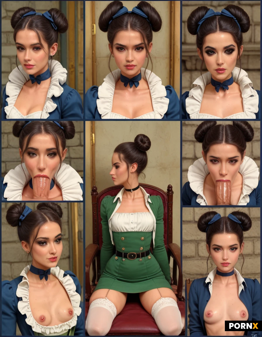 (multiple pictures:1.3),hdr,ultra high details,ultra sweet,cute babe,beautiful,ultra skinny,ultra long legs,wide hips,small,skinny waist,small waist,(round breasts),tight high hair buns,site tales,fairy hair ribbons,choker,(ultra thick black eyeliner),fairy uniform,fairy shirt,gown jacket,fairy midi skirt,high stockings,fairy cosplay,belt,fully clothed,kneeling in front of cock,break,male,male sit on chair spreading legs,big white cock,(deepthroat),(dominant face expression),mouth juice,side view,looking at viewer,castle,