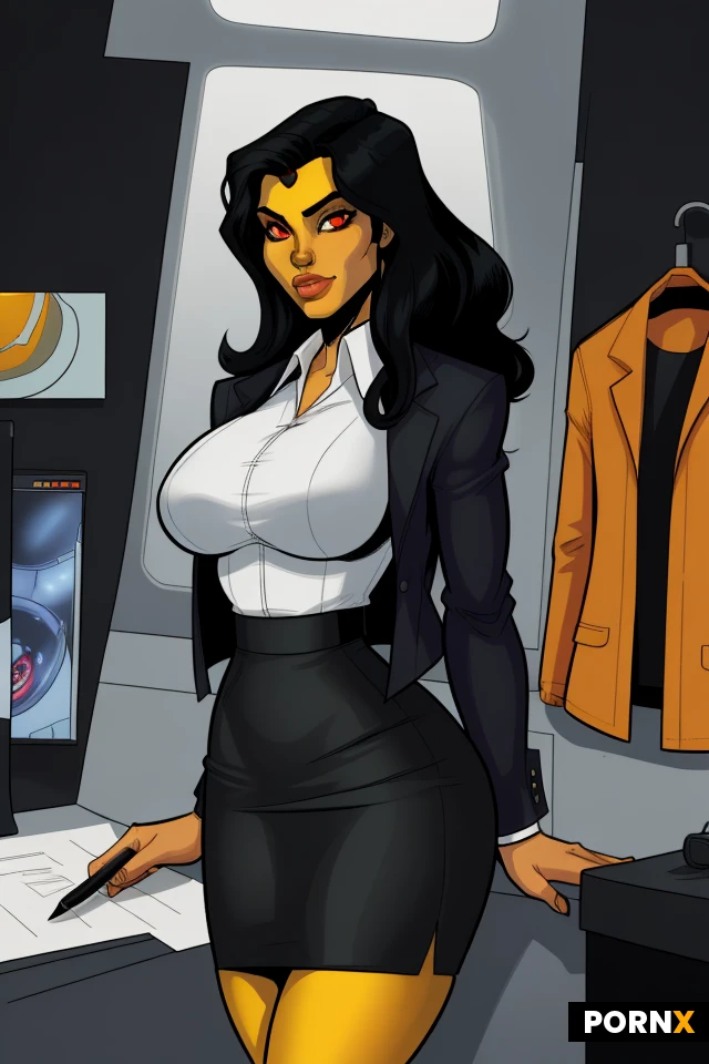 1girl, solo, alien, yellow_skin, big_breasts, long_hair, black_hair, red_eyes, formal_jacket, short pencil skirt, sci-fi corporate agent. Superhero comics drawing style