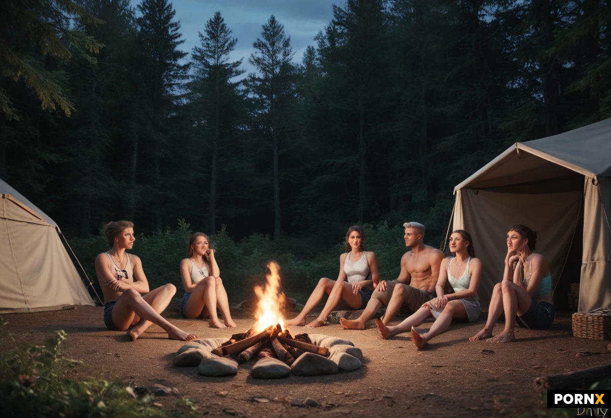 Summer Night, it is very warm, 1 fit middle-aged man and 1 woman, 20+, they sit by the campfire in the tent camp and talk, many tants around, six different women around, only one man in frame, intense detail, very detailed face, very detailed body, dimly lit, full body