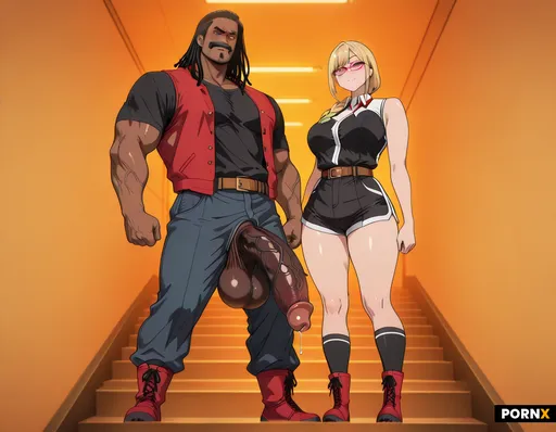 A woman taking steps back away from a man standing in front of her while she stares at his huge cock