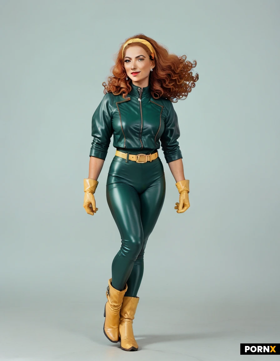 Redhead Irish woman. Fair skin. Red lipstick. Yellow gloves. Green and yellow latex body suit. Brown leather jacket with rolled up sleeves. Long yellow boots to her knees. Long curly hair. Flying in the air. Comic book hero. Super hero. Yellow headband around her forehead. Fluffy hair. Beauty. Stunning confidence. Sci fi. Super hero pose. Flying in the air. Yellow belt. "X" belt buckle. 8k resolution. Glamor photo.