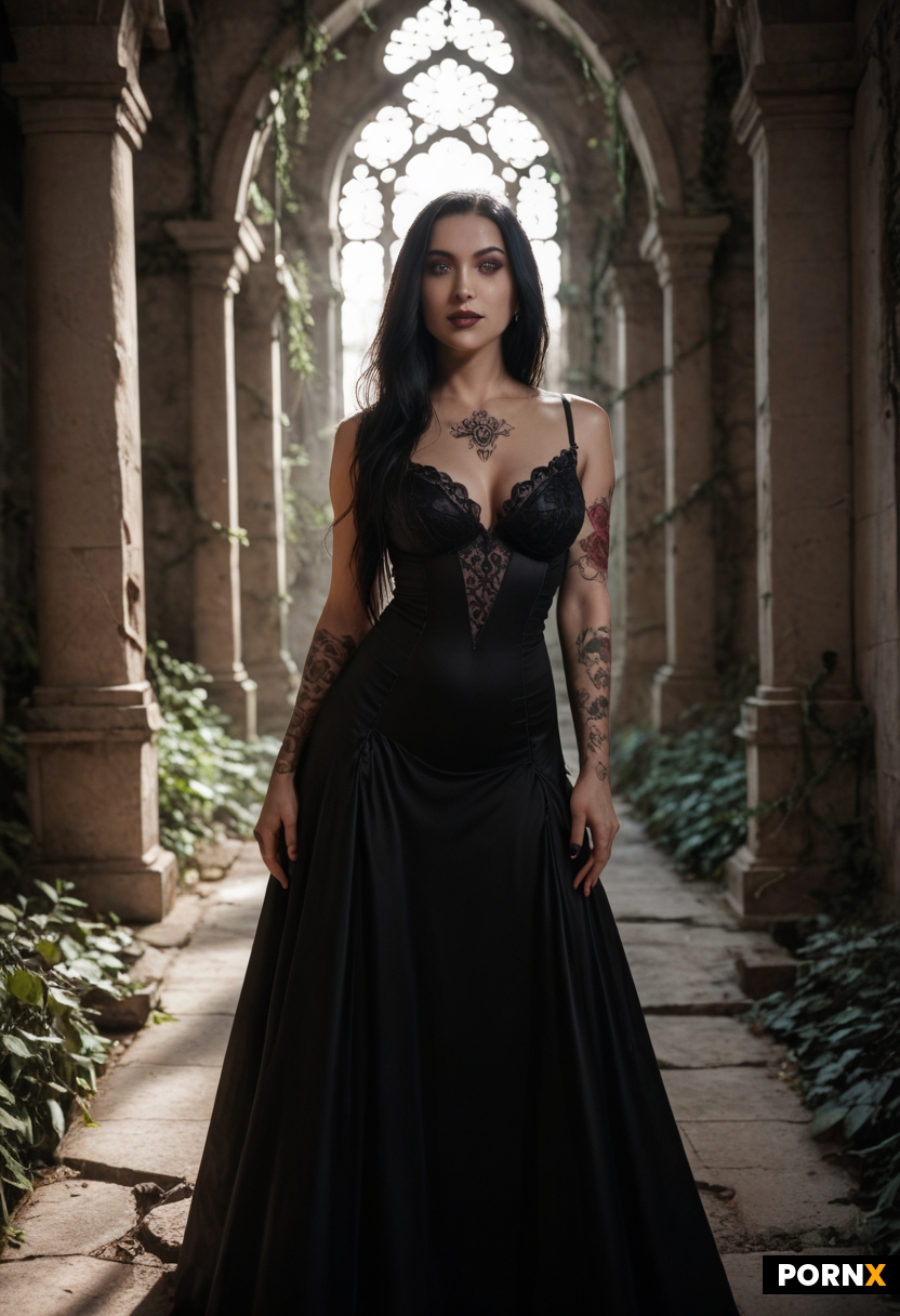 a tall goth woman with long dark hair and bangs
