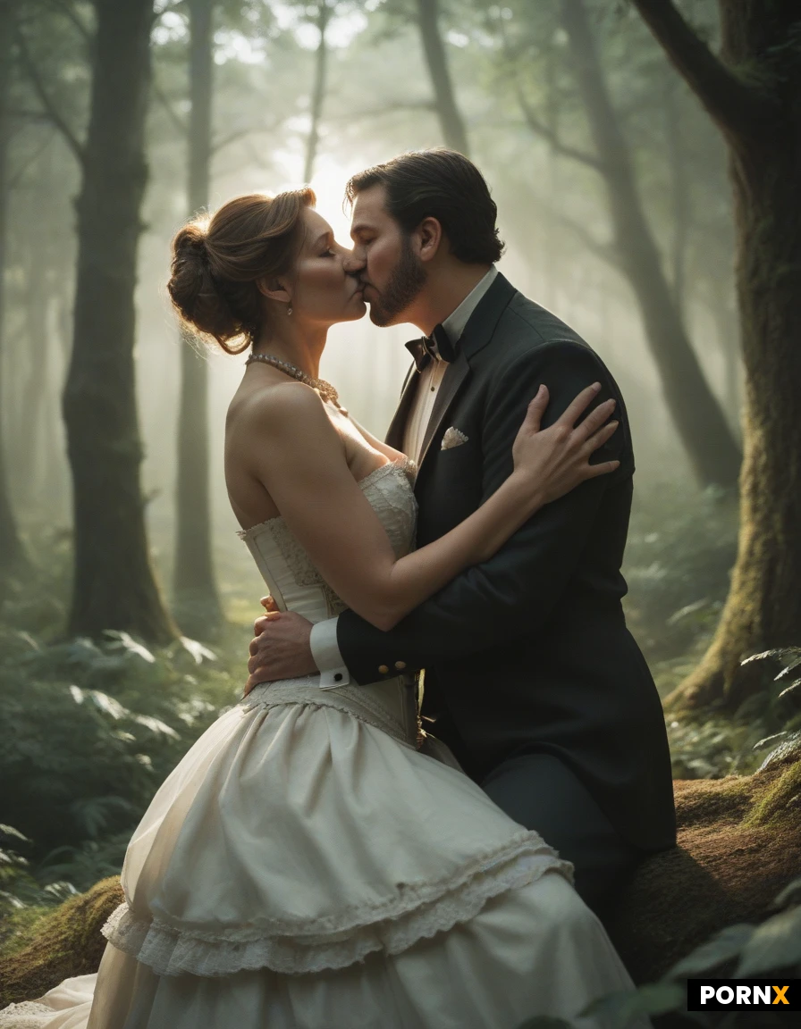 beautiful woman, straight brown hair with bangs, tanned skin, huge breasts, curvy body, face to face sex, sitting on lap, embracing, kissing, penetration, victorian dress, corset, lace, bustle skirt, pearl necklace, deep forest, tall trees, sun rays through leaves, moss, milf, middle-aged, 40 years old, hair down, small breasts, thick hairy pussy, fucking man, man wearing leopard skin loincloth