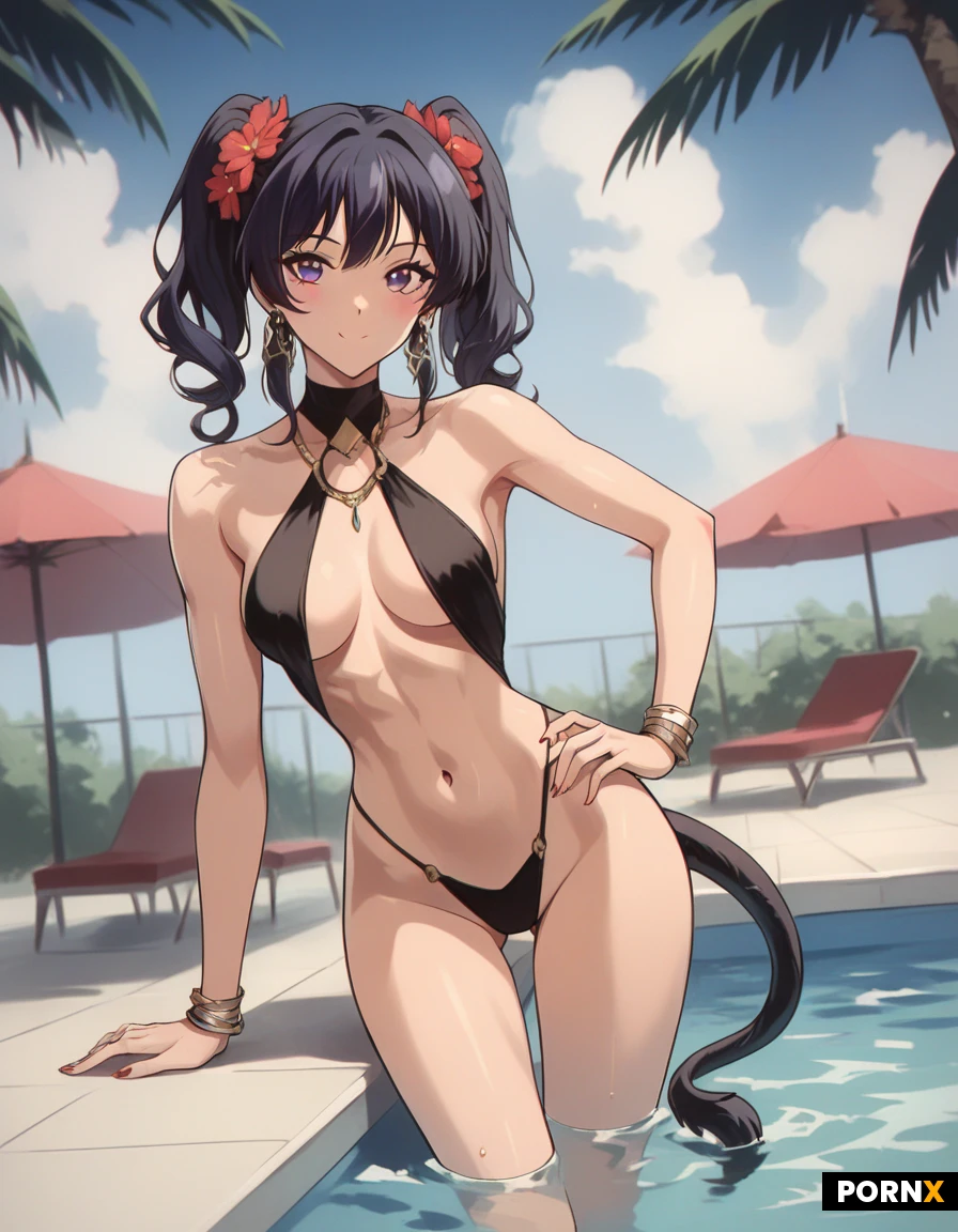 sexy attractive cute anime lady, 18:3, beautiful athletic nymph, soft cute face:1.5, cute:1.5, athletic:2.0, natural curves, human tail, sexy tail, sexy g-string, cute big round booty:3, slim sharp waist, short, extremely cute:3, fit girl, aroused, sexy fit hourglass figure:1.3, short:1.4, cute idol, adorable:1.5, thigh gap, anime, view from behind, arched back, dynamic angle, pool party, sexy close-up
